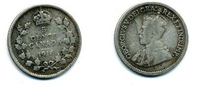 КАНАДА 5 ЦЕНТОВ 1916 ГЕОРГ V серебро 46-731