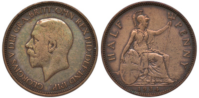 Великобритания 1/2 пенни 1934 Георг V (1910-1936) KM 837, Spink 4058 бронза 4122-744