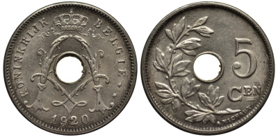 БЕЛЬГИЯ 5 САНТИМОВ 1920 BELGIE KM 67 медно-никель 4546-122