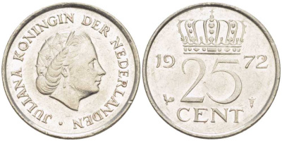 Нидерланды 25 центов 1972 Юлиана (1948-1980) KM 183 никель 214-963