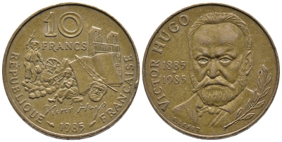 Франция 10 франков 1985 100 лет со дня смерти Виктора Гюго (1802-1885) KM 956, Le Franc 370.3 никель бронза 80-527