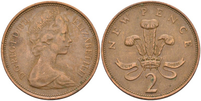 Великобритания 2 пенса 1971 Елизавета II (1952-2022) KM 916, Spink 4235 (C1) бронза 4593-825