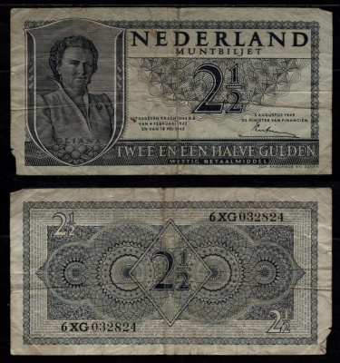 Нидерланды 2 1/2 гульдена 1949 Королева Юлиана Pick 73 бумага 7523-48-3-1