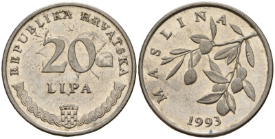 Хорватия 20 лип 1993 олива, легенда на хорватском KM 7 сталь плакированная никелем 4154-628