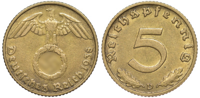 Германия 5 рейхспфеннигов 1938 D KM 91, J. 363 алюминиевая бронза 4602-1256