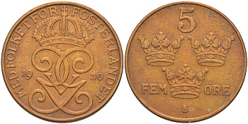 Швеция 5 эре 1930 Густав V (1907-1950) KM 779.2 бронза 4111-132