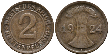 ГЕРМАНИЯ 2 РЕНТЕНПФЕННИГА 1924 D KM 31, J. 307 бронза 24-522