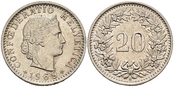 Швейцария 20 раппенов 1969 В KM 29а медно-никель 4566-1224