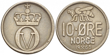 НОРВЕГИЯ 10 ЭРЕ 1963 ПЧЕЛА KM 411 медно-никель 4547-1039