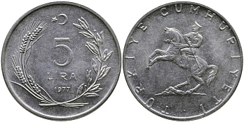 ТУРЦИЯ 5 ЛИР 1977 KM 905 нержавеющая сталь 29-146