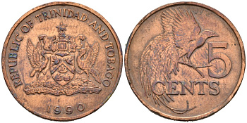 Тринидад и Тобаго 5 центов 1990 райская птица KM 30 бронза 4556-1132
