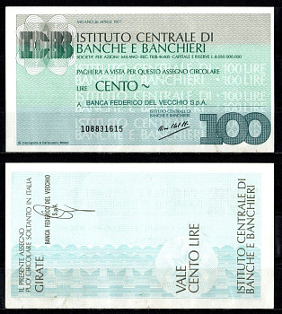 Италия чек 100 лир 1977 Pick G1333 a бумага aUNC 2198-16-2-1