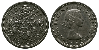 Великобритания 6 пенсов 1956 Елизавета II (1952-2022) KM 903, Spink 4149 медно-никель 4381-652