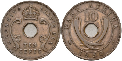 Британская Восточная Африка 10 центов 1950 Георг VI (1937-1952) KM 34 бронза 4578-221