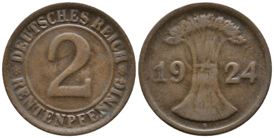 ГЕРМАНИЯ 2 РЕНТЕНПФЕННИГА 1924 D KM 31, J. 307 бронза 24-522