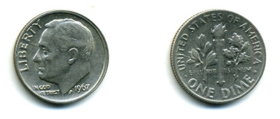 США 10 центов (дайм) 1967 Рузвельт KM 195а медь плакированная медно-никелем 46-2353