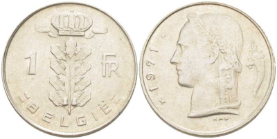 Бельгия 1 франк 1971 Belgie, Бодуэн I (1951-1993) KM 143.1 медно-никель 213-343