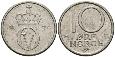 Норвегия 10 эре 1974 Улаф V (1958-1991) KM 416 медно-никель 84-358