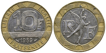 Франция 10 франков 1989 тип гений Бастилии KM 964.1, Le Franc 375.3 биметалл  51-5131