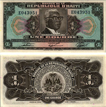 ГАИТИ 1 ГУРД 1979 (1980-1982) СЕРИЯ EO, ПРЕЗИДЕНТ ФРАНСУА ДЮВАЛЬЕ, ABNC, СВЕТИТСЯ В УЛЬТРАФИОЛЕТЕ Pick 230 бумага UNC (ПРЕСС) 2192-18-3-2