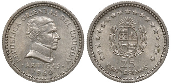 Уругвай 25 сентесимо 1960 KM 40 медно-никель 4169-822