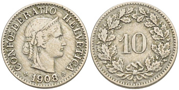 ШВЕЙЦАРИЯ 10 РАППЕНОВ 1908 В KM 27 медно-никель 4541-343