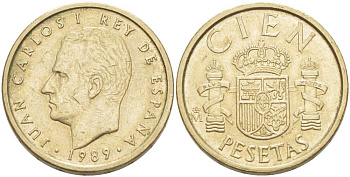 Испания 100 песет 1989 Хуан Карлос I (1975-2014) KM 826 алюминиевая бронза 4523-511