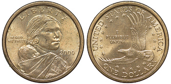 США 1 доллар 2000 Р, индианка Сакагавея KM 310 медь с марганцево-латунным покрытием aUNC 4531-214