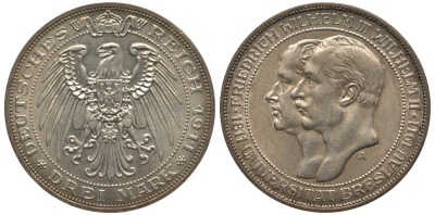 Пруссия 3 марки 1911 A, Университет Бреслау Weege 108, J. 108, KM 531 серебро 00-807-22