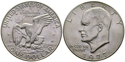 США 1 доллар 1977 D, Президент Эйзенхауэр, лунный орел KM А203 медь плакированная медно-никелем UNC 74-512