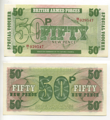 АНГЛИЯ 50 ПЕНСОВ 1972 ДЛЯ ВООРУЖЕННЫХ СИЛ, 6 СЕРИЯ, BRADBURY WILKJSON @ Co Pick M46 бумага UNC (ПРЕСС) 6287-33-1