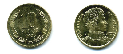 ЧИЛИ 10 ПЕСО 2008 ГЕНЕРАЛ БЕРНАРДО О ХИГГИНС KM 228.2 никель-бронза 37-315