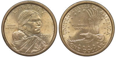 США 1 доллар 2000 Р, индианка Сакагавея KM 310 медь с марганцево-латунным покрытием aUNC 4531-214
