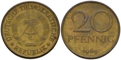 ГДР 20 пфеннигов 1969 A, первый год KM 11 латунь 4601-541