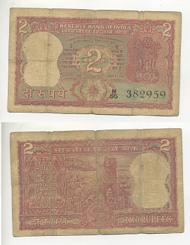 ИНДИЯ 2 РУПИИ 1984-1985 ТИГР, БУКВА С, ПОДПИСЬ 83 Pick 53g бумага 7221-80-1