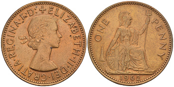 Великобритания 1 пенни 1962 Елизавета II (1952-2022) KM 897, Spink 4157 бронза 4607-1245
