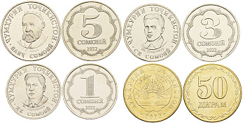 Таджикистан лот из 4 монет 2022 (50 дирам, 1, 3, 5 сомони) KM NEW   UNC  M77-08
