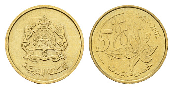 Марокко 5 сантимов 2002 AH 1423, год-тип Y 112 медь алюминий цинк олово UNC 4588-1225