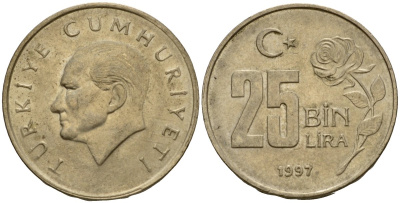 Турция 25000 лир 1997 Мустафа Кемаль Ататюрк KM 1041 медь цинк никель 4601-716