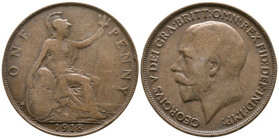 Великобритания 1 пенни 1918 Георг V (1910-1936) KM 810, Spink 4051 бронза 59-211