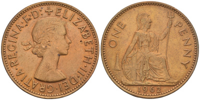 Великобритания 1 пенни 1962 Елизавета II (1952-2022) KM 897, Spink 4157 бронза 4607-1245