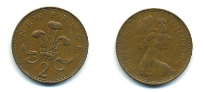 Великобритания 2 пенса 1971 Елизавета II (1952-2022) КМ 916, Spink 4235 (C1) бронза 4110-641