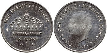 Швеция 1 крона 2002 Карл XVI Густав (1973- ) KM 894 медно-никель 4380-317