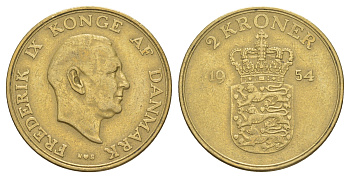 Дания 2 кроны 1954 N, Фредерик IX (1947-1972) KM 838 алюминиевая бронза 4653-523