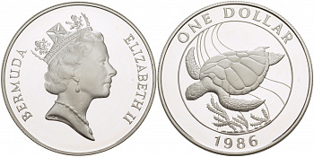 Бермудские острова 1 доллар 1986 серия 25 лет защиты окружающей среды, морская черепаха КМ 49 a серебро PROOF 1068-5-53