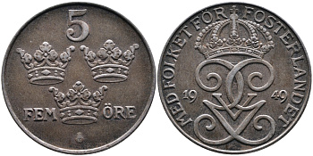 Швеция 5 эре 1949 Густав V (1907-1950) KM 812 железо 4389-136
