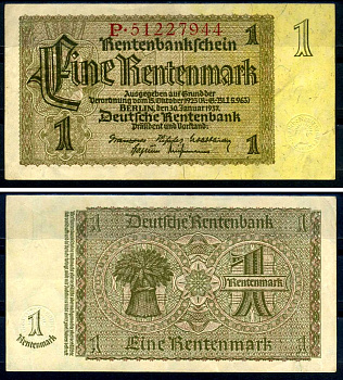 Германия 1 рентенмарка 1937 30 января 1937, восемь цифр в номере, серия P Pick 173 b, Rosenberg 166 b бумага 7376-35-2-2