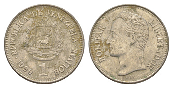 Венесуэла 1 боливар 1990 Симон Боливар, толстый шрифт Y 52a.2 сталь плакированная никелем 4592-124