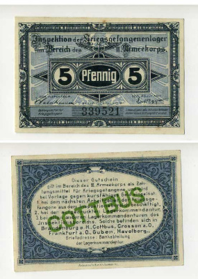 Германия 5 пфеннигов 1917 инспекция лагерей военнопленных в Котбусе, III-ий Армейский корпус C-2833 бумага UNC (пресс) 504-79-3-1