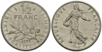 Франция 1/2 франка 1977 сеятель KM 931 никель 4135-717